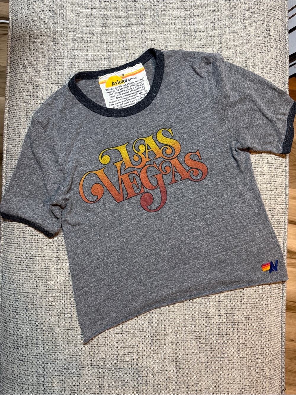 VTG Aviator Nation Las Vegas Boyfriend Tee Heathered Gray Black Trim Small